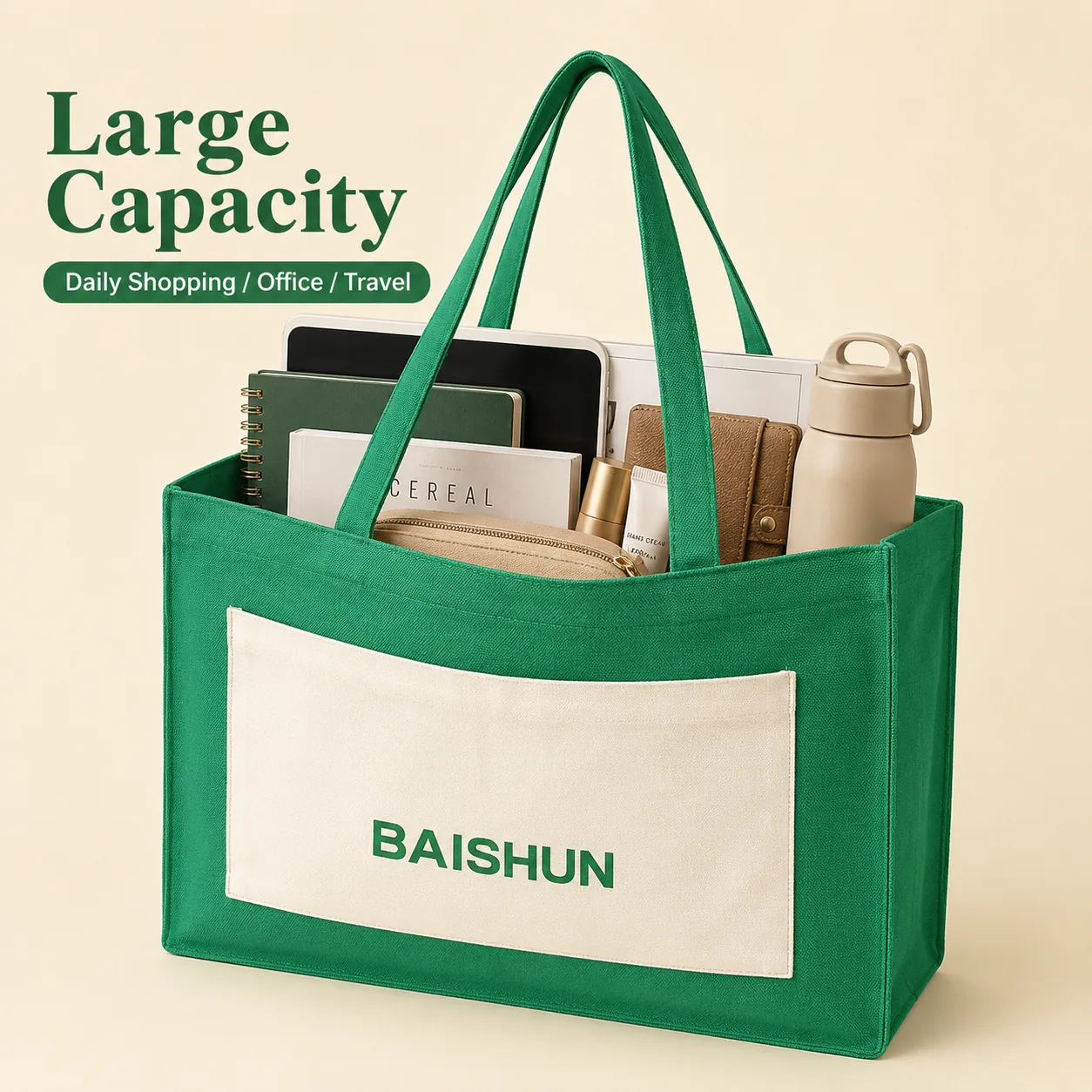 Green Color-Block Canvas Tote — main product view