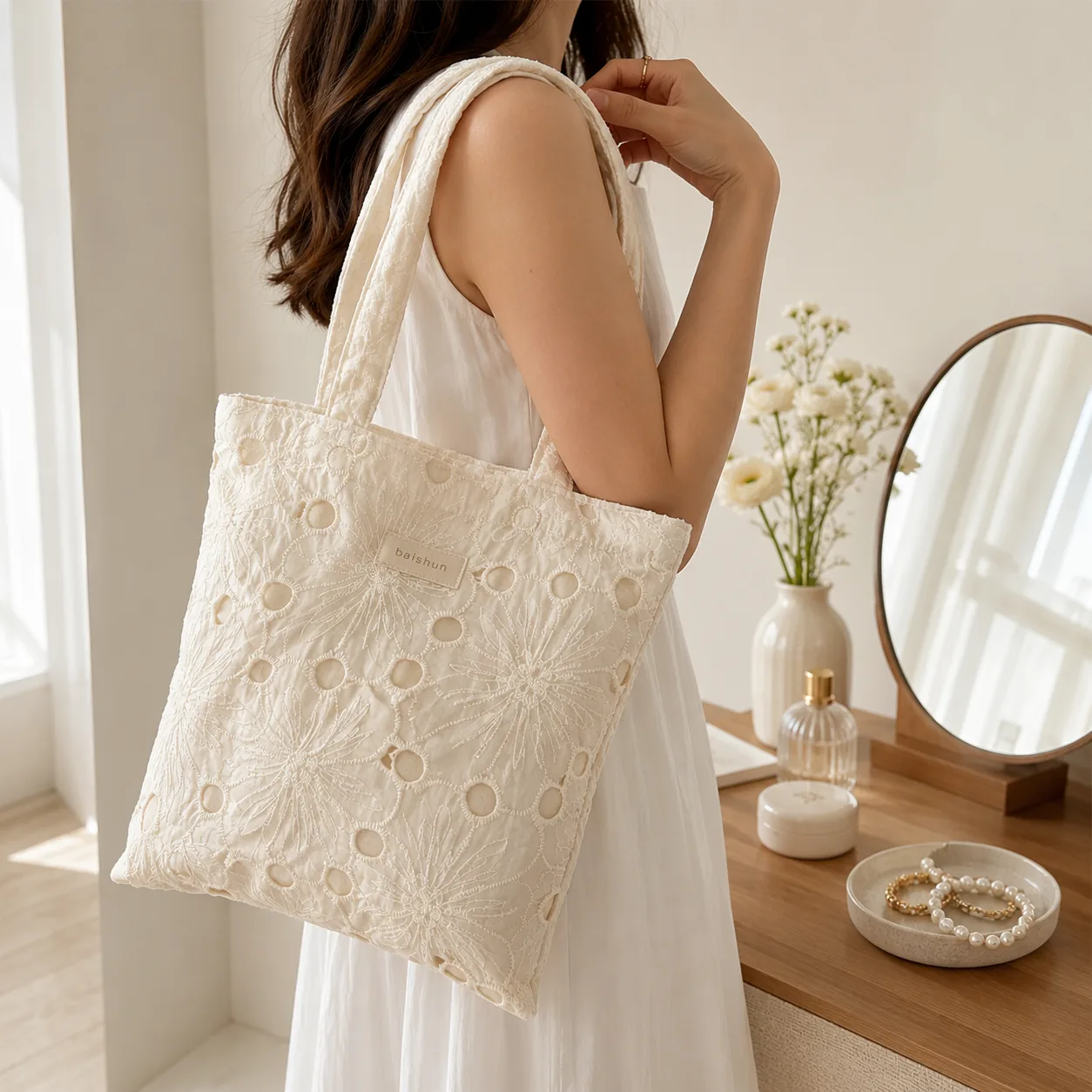 Eyelet Lace Fabric Tote — main product view