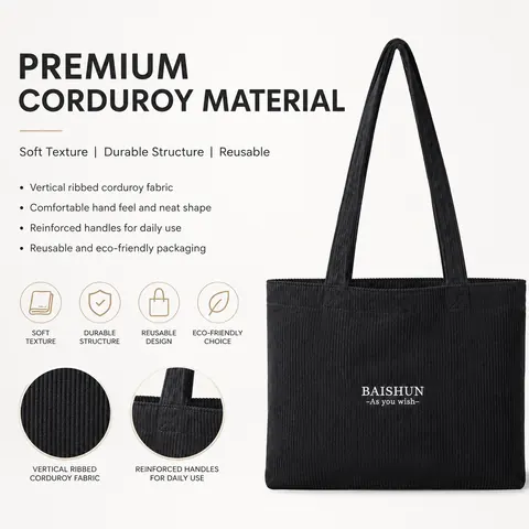 Black Corduroy Tote Bag — product gallery view