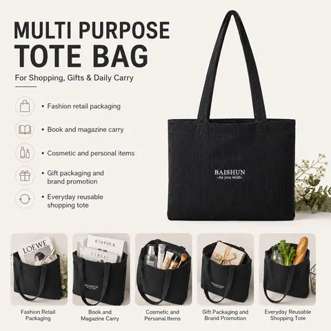 Black Corduroy Tote Bag — product gallery view