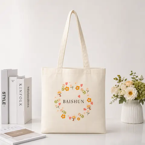 Floral Wreath Print Cotton Canvas Tote — product gallery view