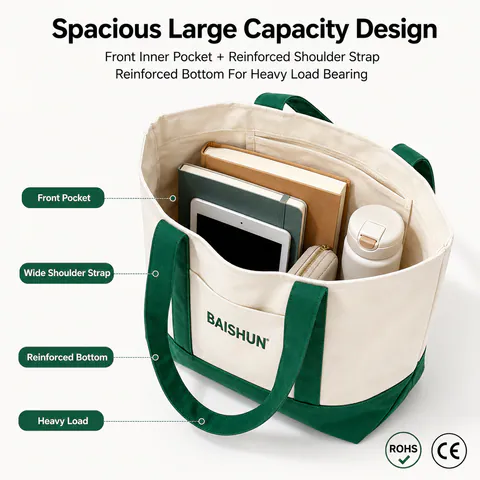 Contrast-Trim Canvas Tote with Front Pocket — product view 2
