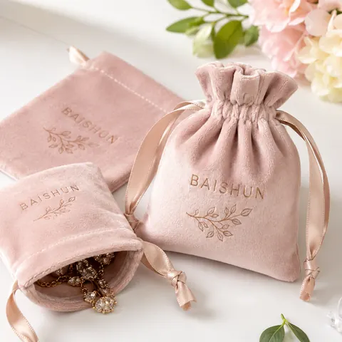 Pink Velvet-Look Drawstring Gift Pouch — product gallery view