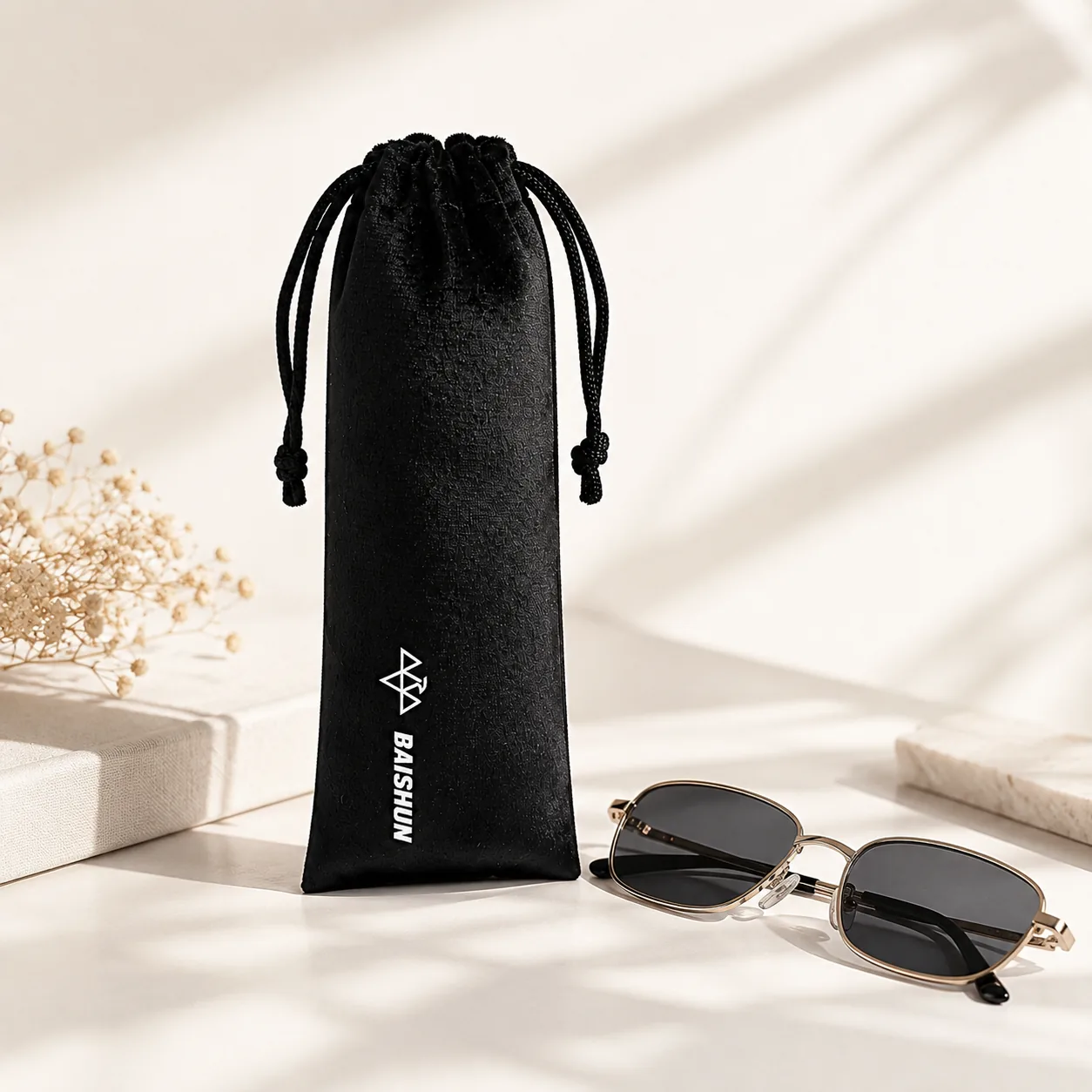 Black Velvet-Look Eyewear Drawstring Pouch — main product view