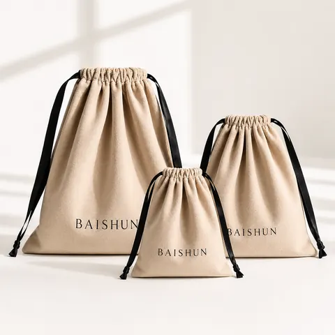 Beige Soft-Fabric Black-Cord Pouch