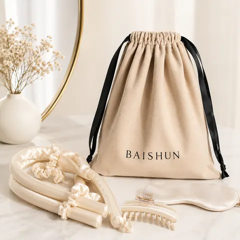 Beige Soft-Fabric Black-Cord Pouch — product gallery view