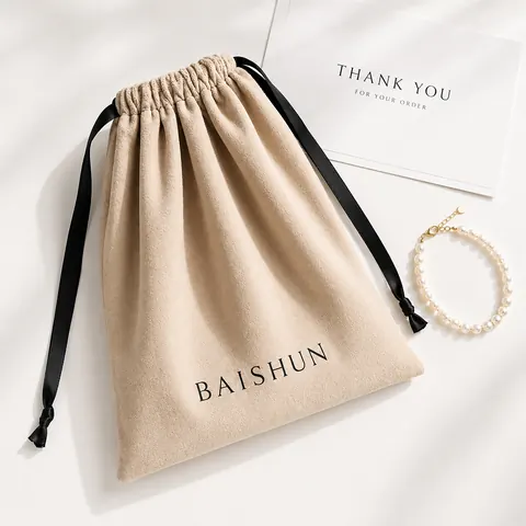 Beige Soft-Fabric Black-Cord Pouch — product gallery view