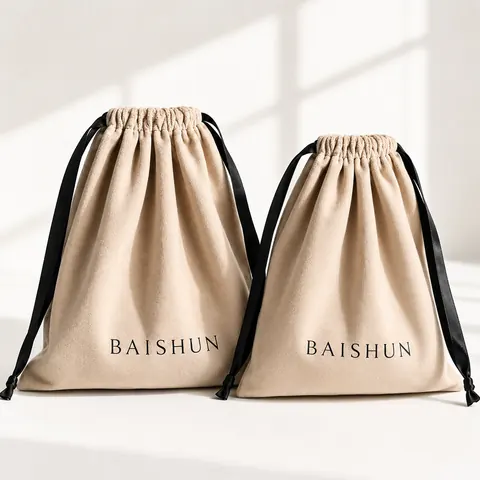 Beige Soft-Fabric Black-Cord Pouch — product gallery view