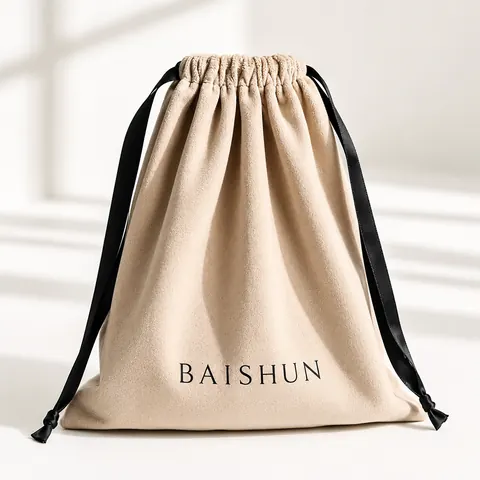 Beige Soft-Fabric Black-Cord Pouch — product gallery view