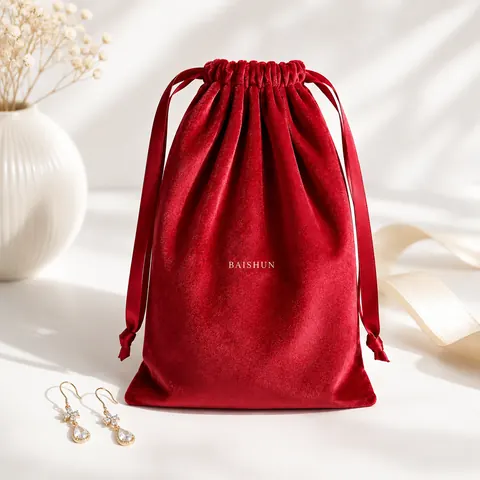 Red Velvet-Look Drawstring Pouch — product gallery view