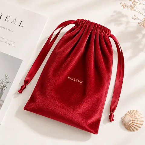 Red Velvet-Look Drawstring Pouch — product gallery view