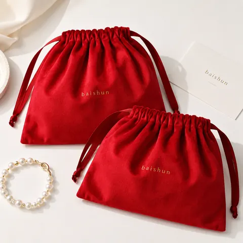 Red Velvet-Look Drawstring Pouch — product gallery view