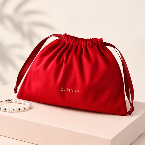 Red Velvet-Look Drawstring Pouch — product gallery view