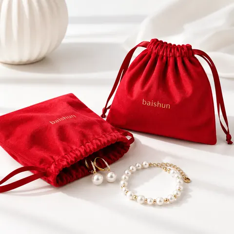 Red Velvet-Look Drawstring Pouch — product gallery view