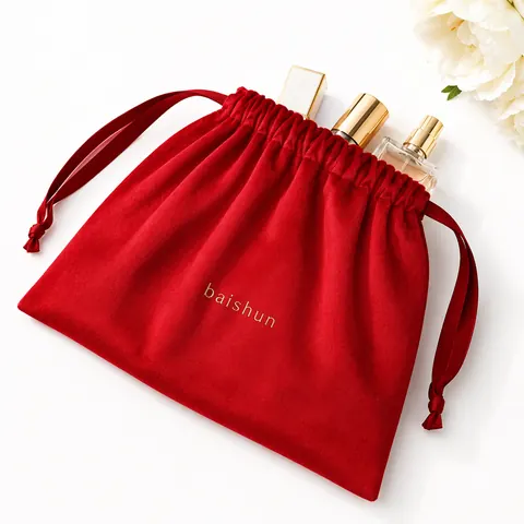 Red Velvet-Look Drawstring Pouch — product gallery view