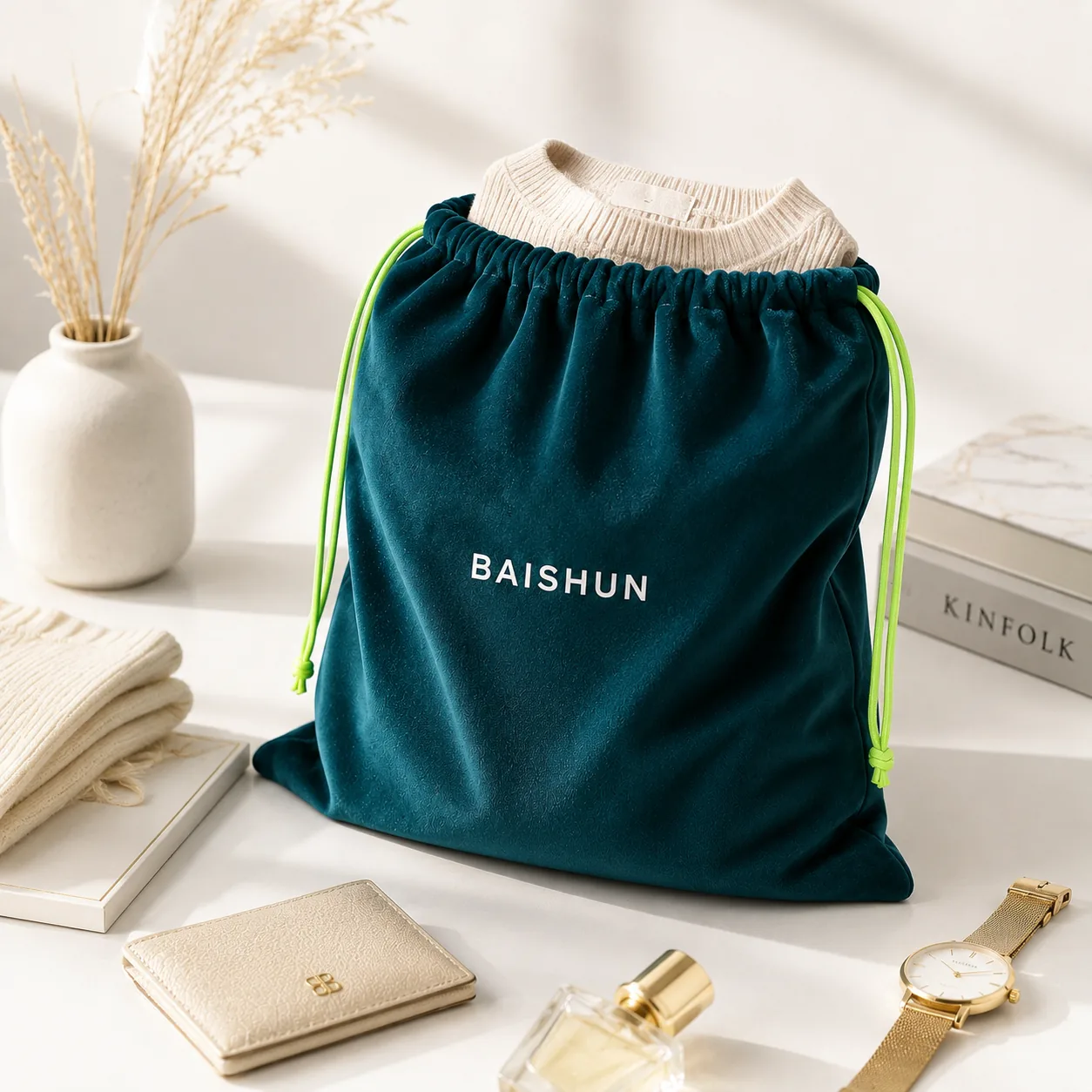 Dark Green Velvet-Look Contrast-Cord Storage Bag — main product view