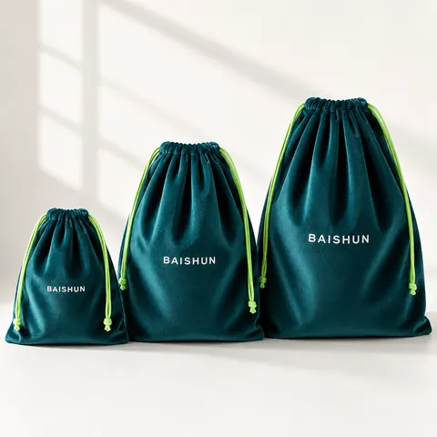 Dark Green Velvet-Look Contrast-Cord Storage Bag — product gallery view