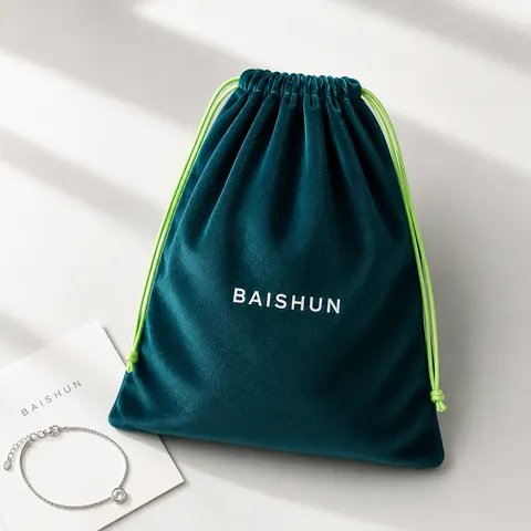 Dark Green Velvet-Look Contrast-Cord Storage Bag — product gallery view
