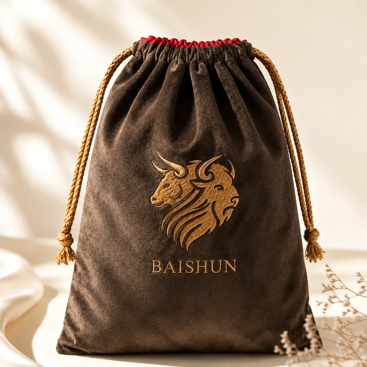 Brown Lion-Motif Velvet-Look Pouch — main product view
