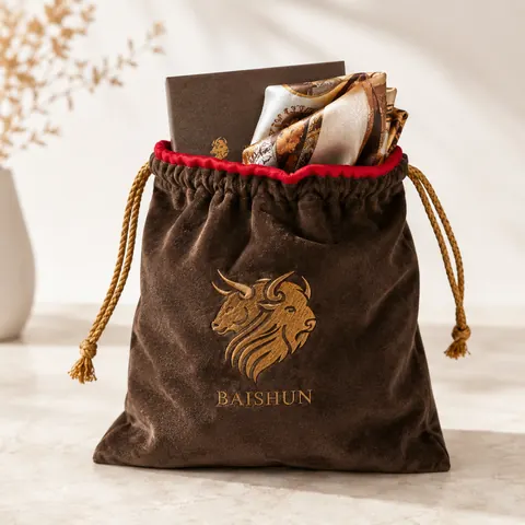 Brown Lion-Motif Velvet-Look Pouch — product gallery view