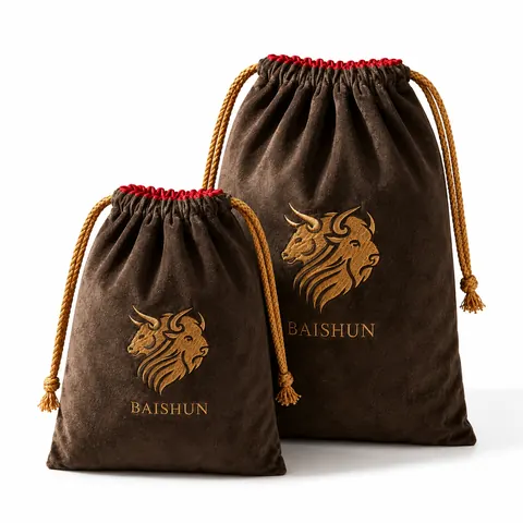 Brown Lion-Motif Velvet-Look Pouch — product gallery view