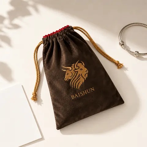 Brown Lion-Motif Velvet-Look Pouch — product gallery view