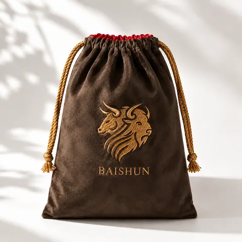 Brown Lion-Motif Velvet-Look Pouch — product gallery view