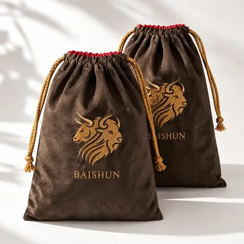 Brown Lion-Motif Velvet-Look Pouch — product gallery view