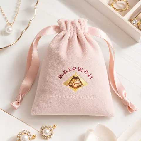 Pink Crest-Motif Velvet-Look Pouch