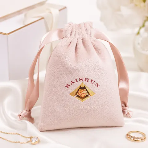 Pink Crest-Motif Velvet-Look Pouch — product gallery view