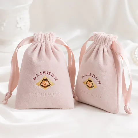 Pink Crest-Motif Velvet-Look Pouch — product gallery view