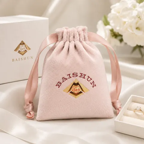 Pink Crest-Motif Velvet-Look Pouch — product gallery view