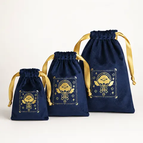 Navy Patterned Velvet-Look Drawstring Pouch