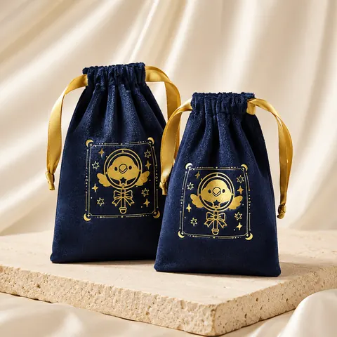 Navy Patterned Velvet-Look Drawstring Pouch — product gallery view