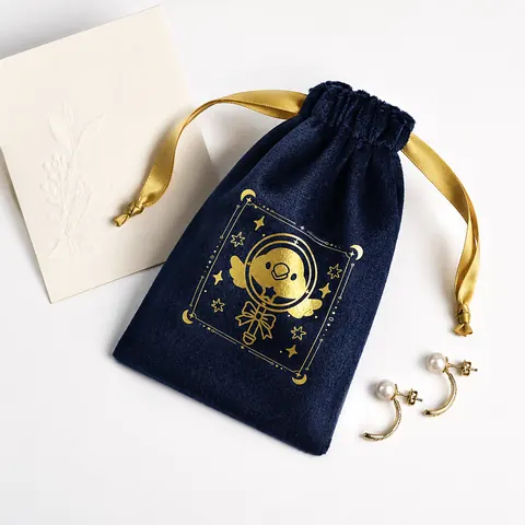 Navy Patterned Velvet-Look Drawstring Pouch — product gallery view