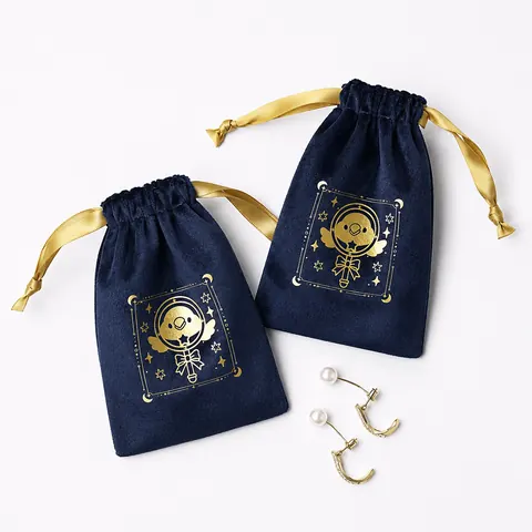 Navy Patterned Velvet-Look Drawstring Pouch — product gallery view