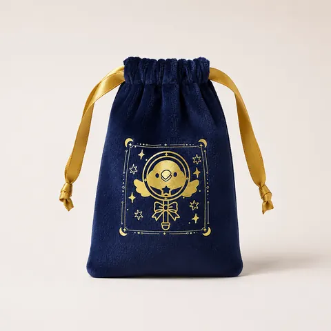 Navy Patterned Velvet-Look Drawstring Pouch — product gallery view