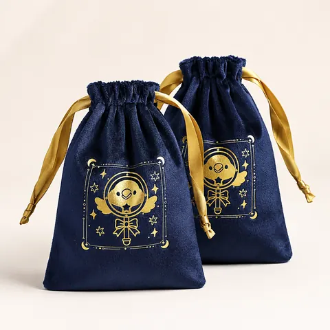 Navy Patterned Velvet-Look Drawstring Pouch — product gallery view