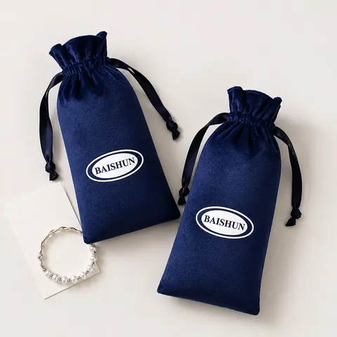 Navy Oval-Mark Velvet-Look Long Pouch — product gallery view