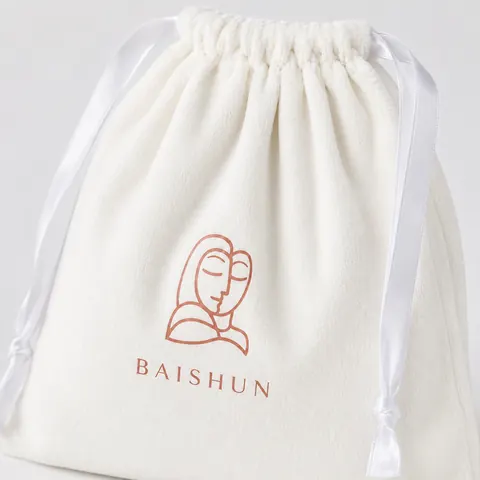 White Line-Art Velvet-Look Drawstring Pouch