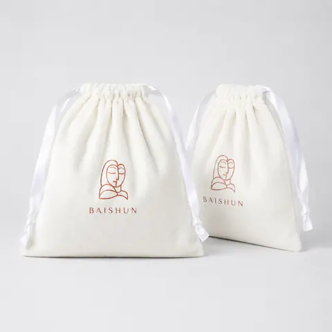 White Line-Art Velvet-Look Drawstring Pouch — product gallery view