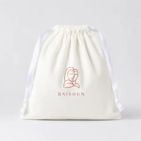 White Line-Art Velvet-Look Drawstring Pouch — product gallery view