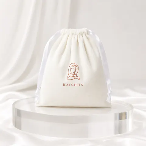 White Line-Art Velvet-Look Drawstring Pouch — product gallery view