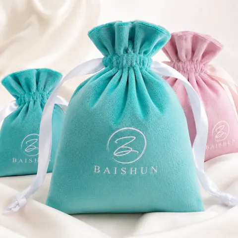Teal and Pink Velvet-Look Drawstring Pouch