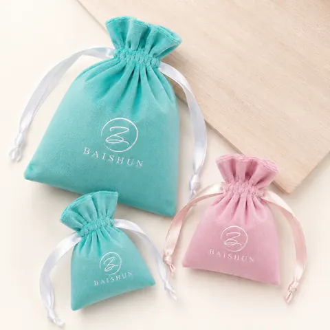 Teal and Pink Velvet-Look Drawstring Pouch — product gallery view