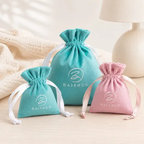 Teal and Pink Velvet-Look Drawstring Pouch — product gallery view