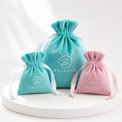Teal and Pink Velvet-Look Drawstring Pouch — product gallery view