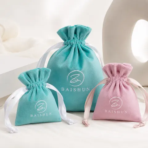 Teal and Pink Velvet-Look Drawstring Pouch — product gallery view