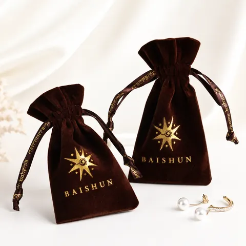 Brown Star-Motif Velvet-Look Pouch