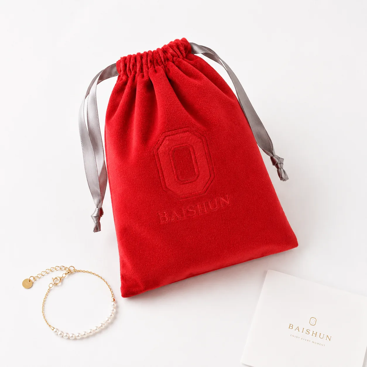 Red Embossed Velvet-Look Drawstring Pouch — main product view